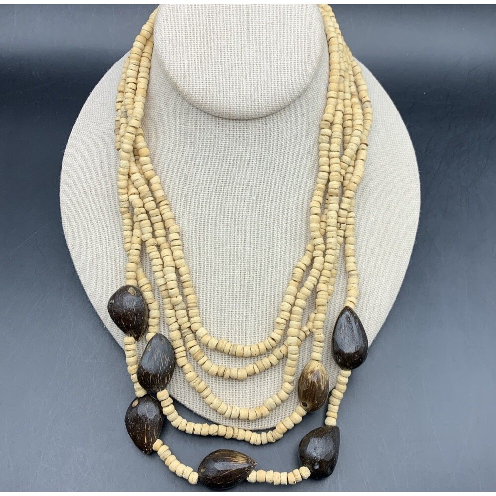 Layered Beaded Wooden Necklace Wood Bead Light Two Tone Boho Natural